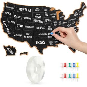 Queekay USA Travel Map 16 x 12 x 0.6 Inch US Cork Board Map with 10 Push Pins 1 Roll Double Sided Adhesive 3D United States Map Home Office Classroom Wall Decor for Tracing Past and Future Travel Art