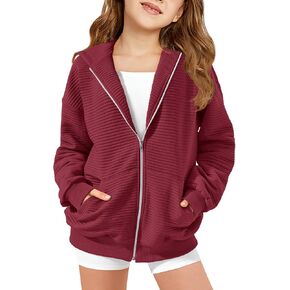 Haloumoning Girls Zip Up Hoodie Kids Fashion Oversized Textured Sweatshirt Jacket with Pockets 5-14 Years