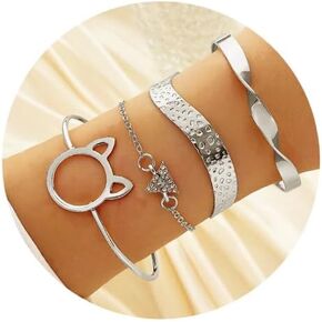 Silver Bangle Bracelets for Women, Multi Layer Stackable Cuff Bracelet Set, Trendy Elegance Charms Non Tarnish Minimalist Textured Boho Jewelry Gift for Women