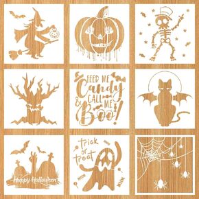 9pcs Halloween Stencils, Premium Reusable Witch Ghost Pumpkin Face Drawing Craft Various Pattern Painting Template for Wall Craft Carving Spray Paint Easy to Clean Tool Decoration Supplies(Style 1)