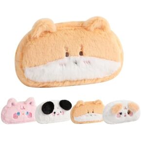 Fluffy Plush Cute Animal Puppy Kitty Bunny Pencil/Pen Pouch Soft Cosmetic Bag Tote/Travel Organizer Large Capacity (Puppy-3)