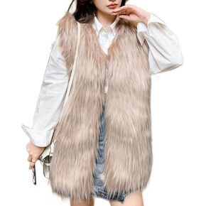 Women's Faux Fur Vest Long Coat Sleeveless Jacket Girls Winter Fluffy Warm Outwear Plush Overcoat with Pockets