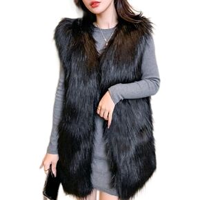Women's Faux Fur Vest Long Coat Sleeveless Jacket Girls Winter Fluffy Warm Outwear Plush Overcoat with Pockets in Kuwait