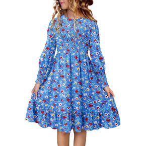 فستان Yoklass للفتيات كاجوال بأكمام طويلة ورقبة مكشكشة، مناسب لعمر 4-13 سنة in Kuwait