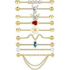 Suotarn 9pcs Gold Industrial Piercing Jewelry 38mm Stainless Steel 14G Industrial Barbell Earrings Ear Cartilage Helix-Conch Piercing Bar 1 1/2 Inch (golden)
