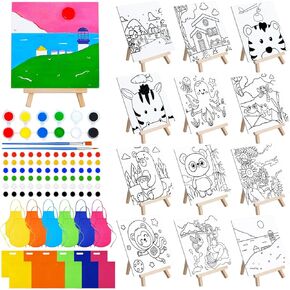 Tenceur 48 Pcs Kids Paint Party Favors Sets with 12 Pcs Pre Drawn Canvas Panel and Wooden Easel Set Paint Pots and Brushes, 12 Pcs Mini Apron and Tote Bag for Kids Student (Cute)