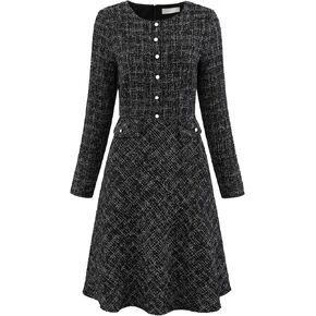 Women's A-Line Tweed Dress Long Sleeve Vintage Work Flare Dresses