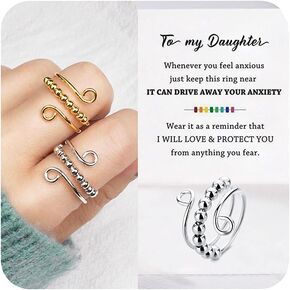 LIU JUN To My Daughter Fidget Ring For Women, Jansio Ring Drive Away Your Stainless Steel Anxiety Relief Circle Beads Spinner Rings Adjustable Jewelry Gift