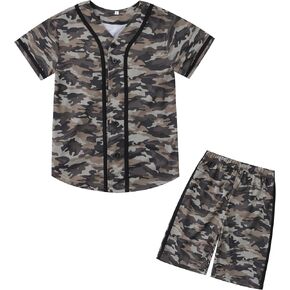 Boys Camouflage Short Sleeve T-Shirt and Shorts Set 2 Piece Summer Camo Baseball Clothes Outfit for Kids Ages 2-14