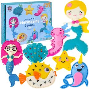 SPROUT & SPARK STUDIO Sewing Kit for Kids, DIY Set for Girls Ages 5+, Beginner,Arts and Crafts,Felt，7 Easy Projects of Stuffed Dolls, Play n Learn,Mermaid,Crochet，Knitting