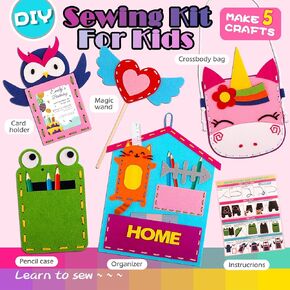 First Sewing Kit for Kids 4-7, Learn to Sew Fun Craft Kits Ages 5-8 4-8, Felt Sewing Crafts for 4 5 6 7 Year Old Girls Embroidery Little Girl Yarn Activities Children Beginners Starter Sewing Projects