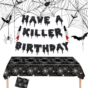 Have a Killer Birthday Party Banner Disposable Spider Tablecloth for Halloween Birthday Halloween Bloody Horror Movie (Black)