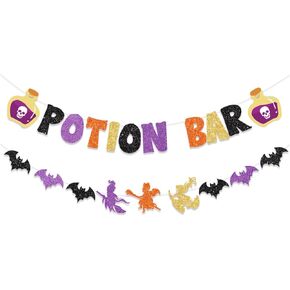 Glitter Potion Bar Halloween Banner Decor with Potion Signs Hocus Pocus Banner Witch Party Decorations Potion Halloween Decor for Haunted House, Bat Decorations, Halloween Mantle Home Decor