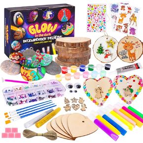Wooden and Rock Painting Kit-8 Rocks+10 Wood Decorating Kits（Glow in the Dark),Arts and Crafts for Kids Ages 3,4-6,7,8-12,Creative Activities Birthday Christmas Art Supplies Gifts for Girls and Boys