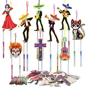 Fennoral 36 Pack Skeleton Wind Chime Kit for Kids Make You Own Skeleton Wind Chimes Hanging Ornaments DIY Coloring Wooden Halloween Crafts for Boys Girls Art Activity Halloween Party Decoration