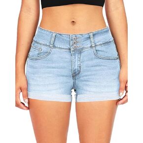Womens Casual Stretchy Denim Shorts Cuffed High Waisted Jean Shorts Folded Hem Buttons Denim Shorts