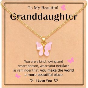 Beautiful Pink Butterfly Necklace, Gifts for Granddaughter Daughter Teens