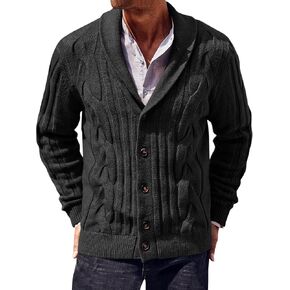 Runcati Mens Cable Knit Cardigan Sweater Shawl Collar Casual Button Down Long Sleeve Sweaters