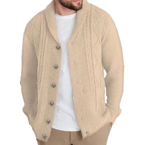 Men's Cardigan Sweaters Casual Long Sleeve Shawl Collar Buttons Down Cable Knit Sweater