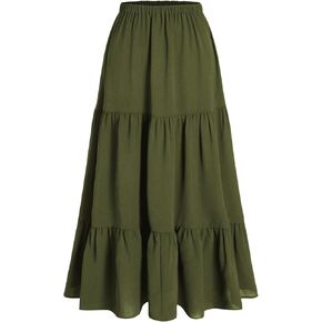 CIDER Solid Elastic Waist Ruffle Hem Tiered Midi Skirt