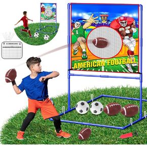 VATOS 2 in 1 Football Toss Target Games and Soccer Toy for Kids, Throwing Target Toy Double-Sided Goal with 2 Inflatable Footballs & 2 Soccer Balls, Indoor Outdoor Back to School Activity Toy Gift