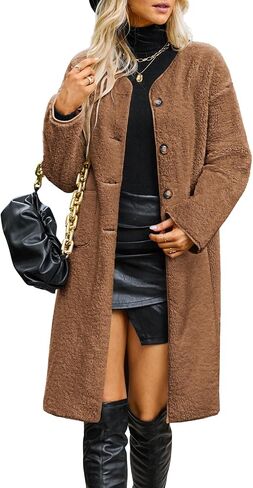 Poetsky Womens Winter Teddy Faux Fur Coats Warm Button Down Fuzzy Fleece Long Jacket Outerwear Outfits in Saudi Arabia