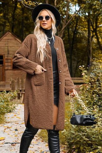 Poetsky Womens Winter Teddy Faux Fur Coats Warm Button Down Fuzzy Fleece Long Jacket Outerwear Outfits in Saudi Arabia
