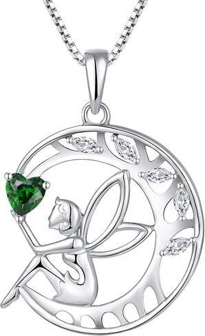 قلادة FJ Guardian Angel من الفضة الإسترلينية عيار 925 على شكل شجرة الحياة وقلادة على شكل قمر خرافي وقلادة جوهرة الميلاد هدايا مجوهرات للنساء in Kuwait
