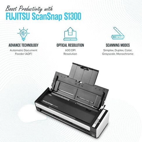 حزمة الماسح الضوئي للمستندات S1300 FUJITSU Scansnap - ضمان لمدة عام - مع محول تيار متردد 7.2 فولت، وUSB صغير وقطعة قماش للتنظيف من الألياف الدقيقة (متجددة) in Saudi Arabia
