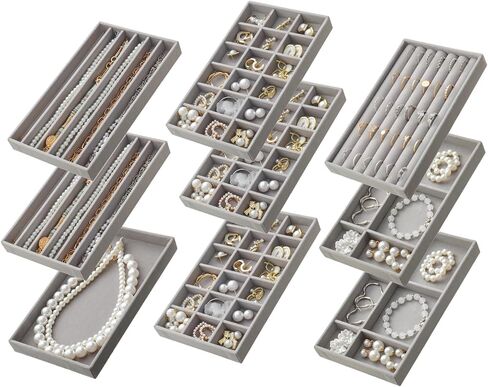 Jewelry Drawer Organizer Inserts Set of 9, Jewelry Trays for Drawers Velvet Jewelry Organizer Tray Drawer Jewelry Organizers and Storage for Earring Ring Necklace Watch Bracelet (Grey) in Kuwait