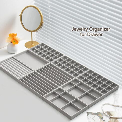 Jewelry Drawer Organizer Inserts Set of 9, Jewelry Trays for Drawers Velvet Jewelry Organizer Tray Drawer Jewelry Organizers and Storage for Earring Ring Necklace Watch Bracelet (Grey) in Kuwait