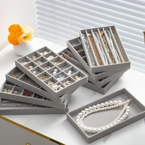 Jewelry Drawer Organizer Inserts Set of 9, Jewelry Trays for Drawers Velvet Jewelry Organizer Tray Drawer Jewelry Organizers and Storage for Earring Ring Necklace Watch Bracelet (Grey) in Kuwait