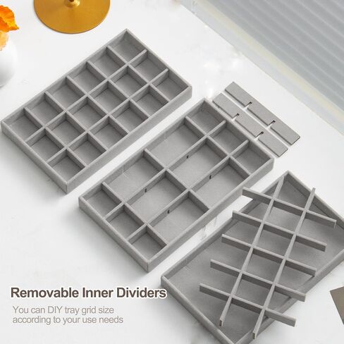Jewelry Drawer Organizer Inserts Set of 9, Jewelry Trays for Drawers Velvet Jewelry Organizer Tray Drawer Jewelry Organizers and Storage for Earring Ring Necklace Watch Bracelet (Grey) in Kuwait