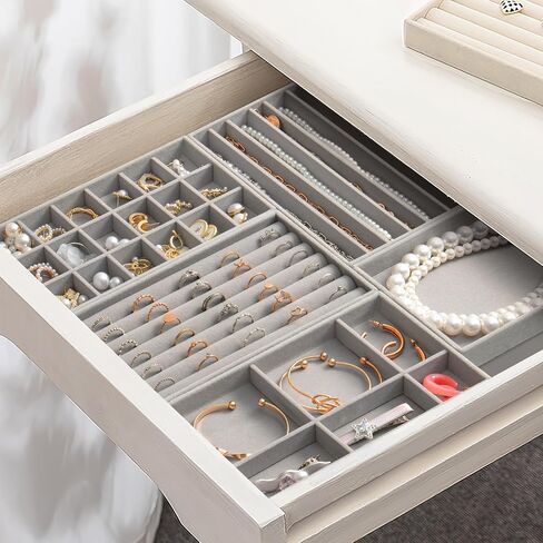 Jewelry Drawer Organizer Inserts Set of 9, Jewelry Trays for Drawers Velvet Jewelry Organizer Tray Drawer Jewelry Organizers and Storage for Earring Ring Necklace Watch Bracelet (Grey) in Kuwait