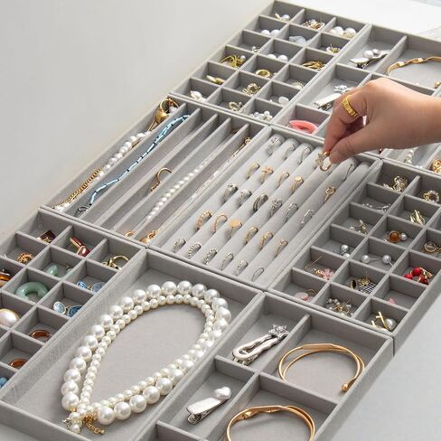 Jewelry Drawer Organizer Inserts Set of 9, Jewelry Trays for Drawers Velvet Jewelry Organizer Tray Drawer Jewelry Organizers and Storage for Earring Ring Necklace Watch Bracelet (Grey) in Kuwait