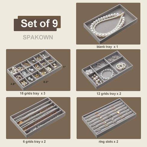 Jewelry Drawer Organizer Inserts Set of 9, Jewelry Trays for Drawers Velvet Jewelry Organizer Tray Drawer Jewelry Organizers and Storage for Earring Ring Necklace Watch Bracelet (Grey) in Kuwait