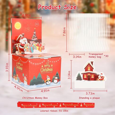 صندوق نقود عيد الميلاد لسحب الهدايا النقدية، هدايا حفلات عيد الميلاد الموسيقية المنبثقة زينة عيد الميلاد مع 30 قطعة من الحقائب الشفافة وLED، صندوق هدايا مفاجأة للأطفال البالغين in Kuwait