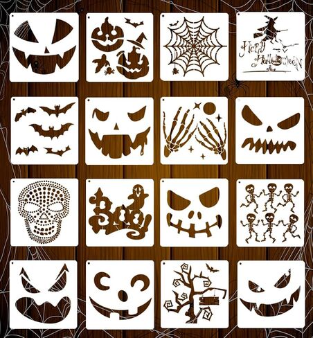 16 Pcs Halloween Drawing Stencils, 7.8 Inch Plastic Reusable Pumpkin Faces Painting Template for Painting On Wood DIY Pumpkin Carving, Wood,Window, Walls Art,and Halloween Decoration. (Halloween) in Saudi Arabia