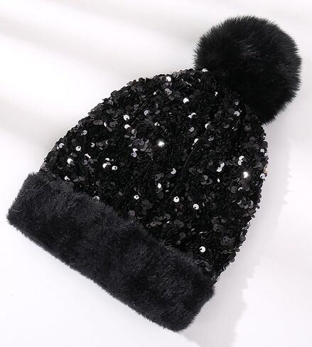 Babalet Winter Beanie Hats for Women Velvet Sequined Slouchy Skull Warm Fuzzy Pompon Cap Outdoor Windproof Ski Knit Cap in Kuwait