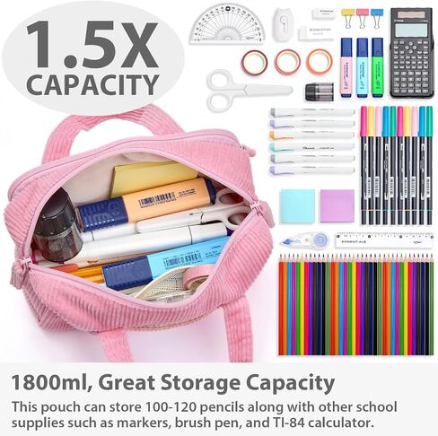 Pencil Case Pouch Bag School Supplies for Girls, Cute Aesthetic Corduroy Pen Case, Large Big Capacity Zipper Stationery Bag for Women Teen Adults, Pink, 1600ml in Kuwait