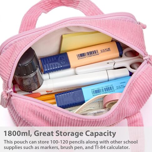 Pencil Case Pouch Bag School Supplies for Girls, Cute Aesthetic Corduroy Pen Case, Large Big Capacity Zipper Stationery Bag for Women Teen Adults, Pink, 1600ml in Kuwait
