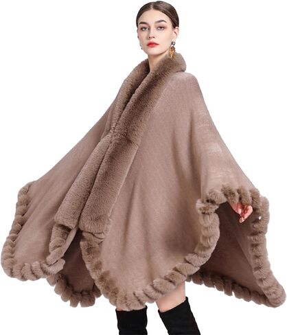 Obosoyo Wrap Cape Women Faux Fur Collar Shawl Knit Poncho Cloak Cardigan Coat Evening Dress in Saudi Arabia