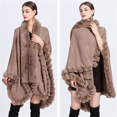 Obosoyo Wrap Cape Women Faux Fur Collar Shawl Knit Poncho Cloak Cardigan Coat Evening Dress in Saudi Arabia