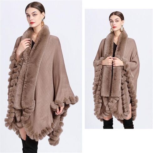 Obosoyo Wrap Cape Women Faux Fur Collar Shawl Knit Poncho Cloak Cardigan Coat Evening Dress in Saudi Arabia