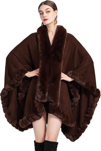 Obosoyo Wrap Cape Women Faux Fur Collar Shawl Knit Poncho Cloak Cardigan Coat Evening Dress in Saudi Arabia