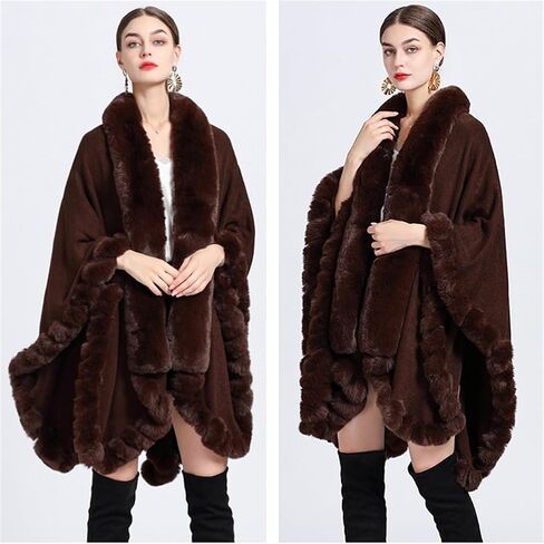 Obosoyo Wrap Cape Women Faux Fur Collar Shawl Knit Poncho Cloak Cardigan Coat Evening Dress in Saudi Arabia