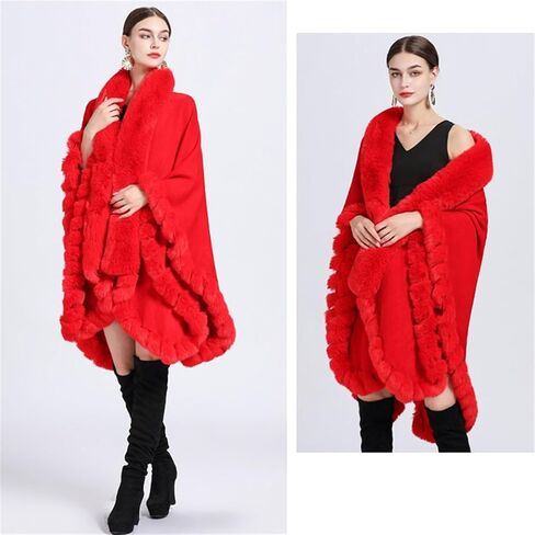 Obosoyo Wrap Cape Women Faux Fur Collar Shawl Knit Poncho Cloak Cardigan Coat Evening Dress in Saudi Arabia