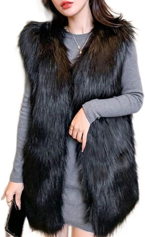 Women's Faux Fur Vest Long Coat Sleeveless Jacket Girls Winter Fluffy Warm Outwear Plush Overcoat with Pockets in Kuwait