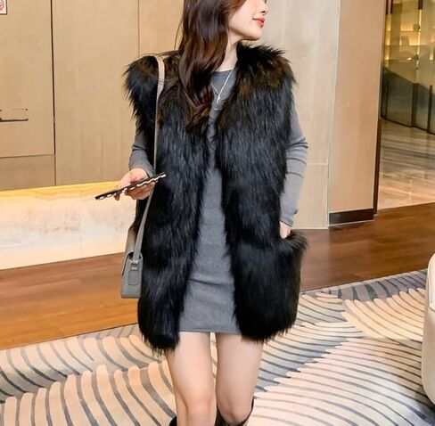 Women's Faux Fur Vest Long Coat Sleeveless Jacket Girls Winter Fluffy Warm Outwear Plush Overcoat with Pockets in Kuwait