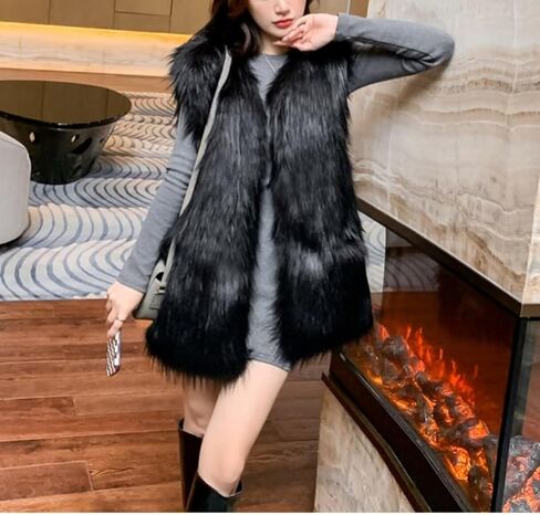 Women's Faux Fur Vest Long Coat Sleeveless Jacket Girls Winter Fluffy Warm Outwear Plush Overcoat with Pockets in Kuwait